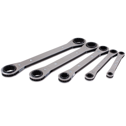 5 piece 6 12 point SAE flat ratcheting box wrench set