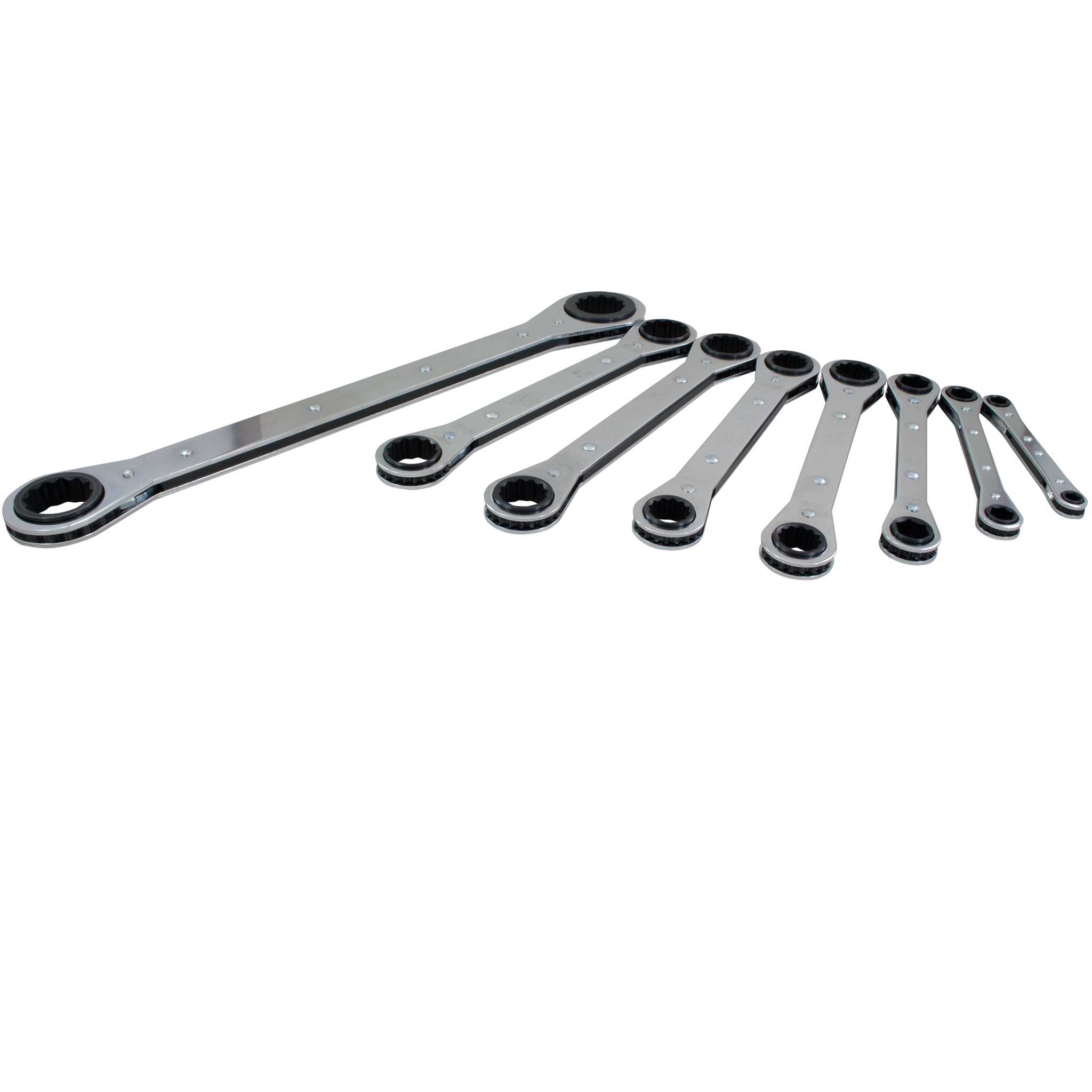 8 Piece 6 & 12 Point SAE Flat Ratcheting Box End Wrench Set