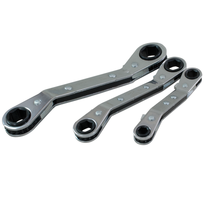 3 piece 6 point SAE 25 offset ratcheting box wrench set