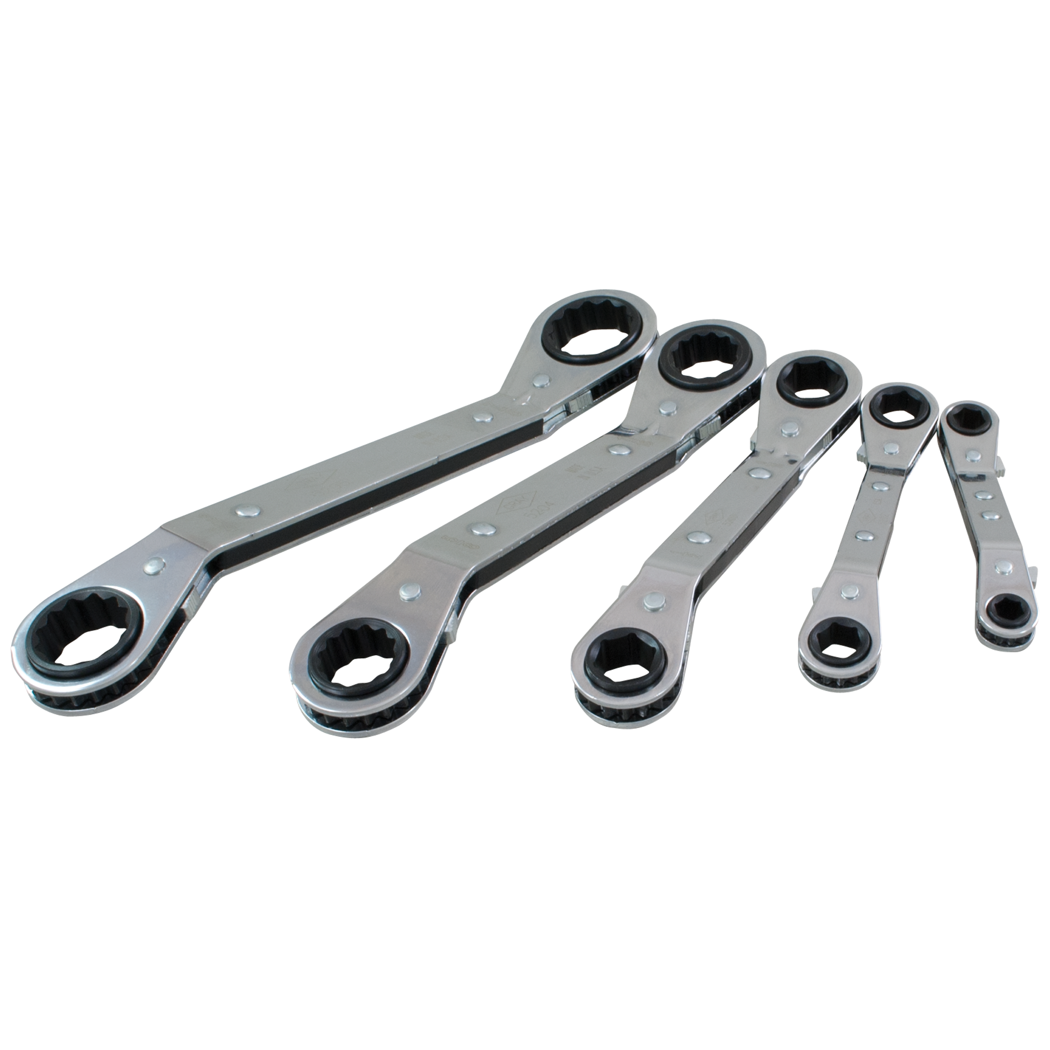 5 Piece 6 & 12 Point SAE 25° Offset Ratcheting Box End Wrench Set